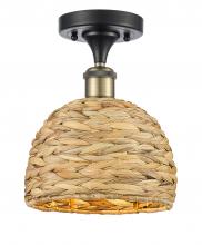  516-1C-BAB-RBD-8-NAT - Woven Rattan - 1 Light - 8 inch - Black Antique Brass - Semi-Flush Mount