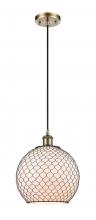  516-1P-AB-G121-10CBK-LED - Farmhouse Chicken Wire - 1 Light - 10 inch - Antique Brass - Cord hung - Mini Pendant