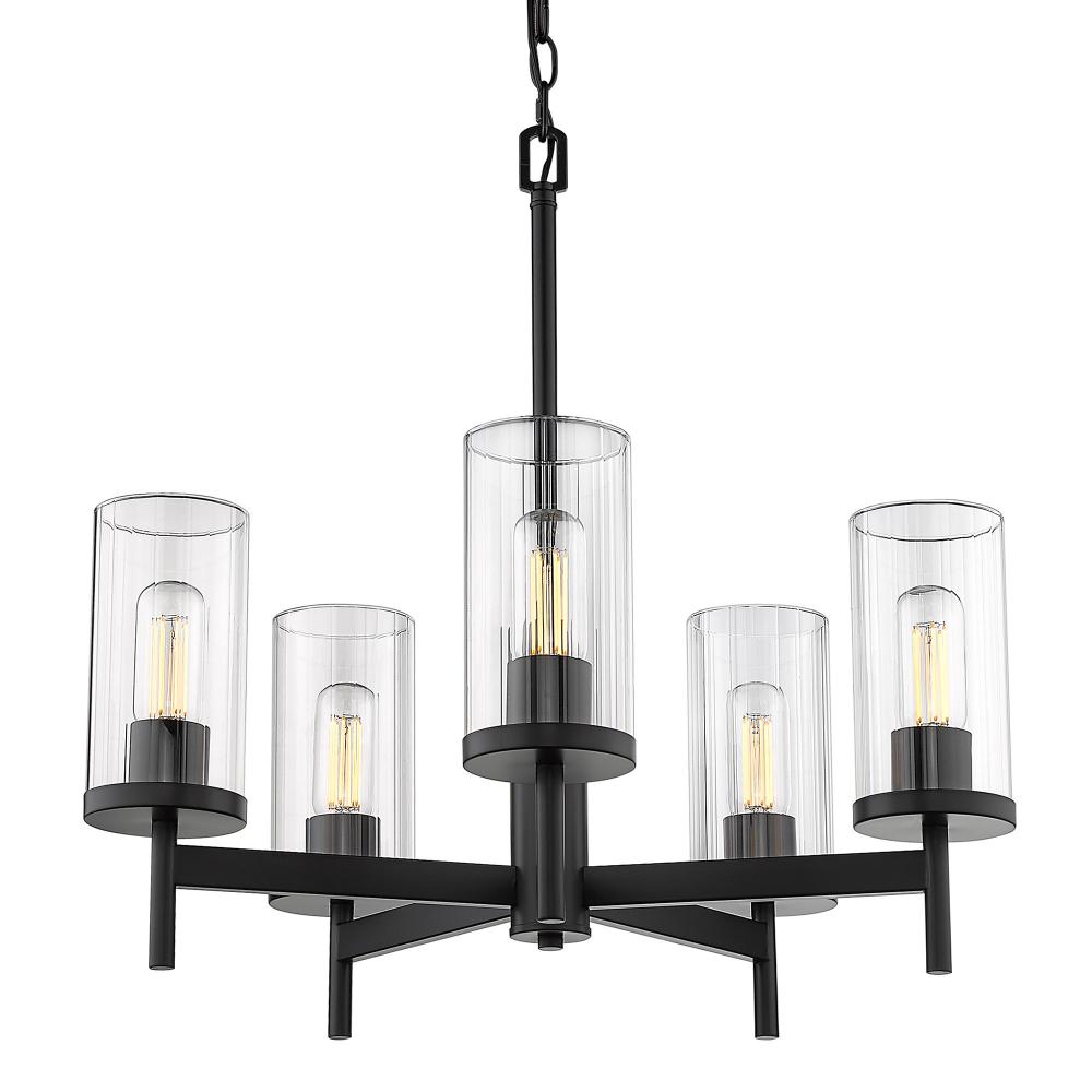 Winslett 5-Light Chandelier in Matte Black with Ribbed Clear Glass Shades