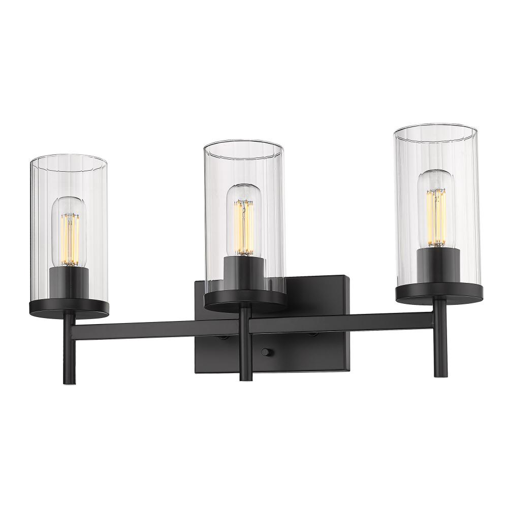 Winslett 3-Light Bath Vanity in Matte Black with Ribbed Clear Glass Shades