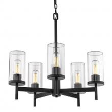 Golden 7011-5 BLK-CLR - Winslett 5-Light Chandelier in Matte Black with Ribbed Clear Glass Shades
